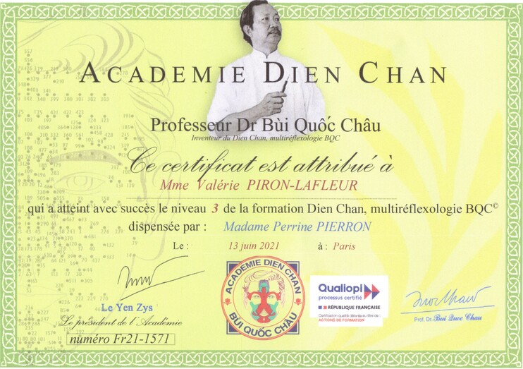 Certificat de niveau 3 de la formation Dien Chan, multiréflexologie BQC, délivré à Valérie Piron-Lafleur par l'Académie Dien Chan